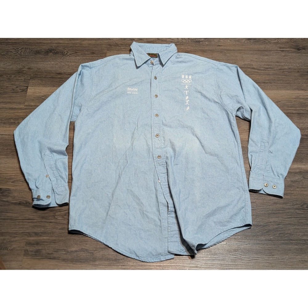 Vintage Hanes BMW USA Olympic Games Collection Blue Button Up Shirt Mens Medium